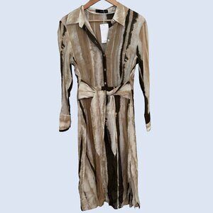 Mango Long Sleeve Button-Down Midi Dress. Neutral Striped Print. NWT 100% Cotton